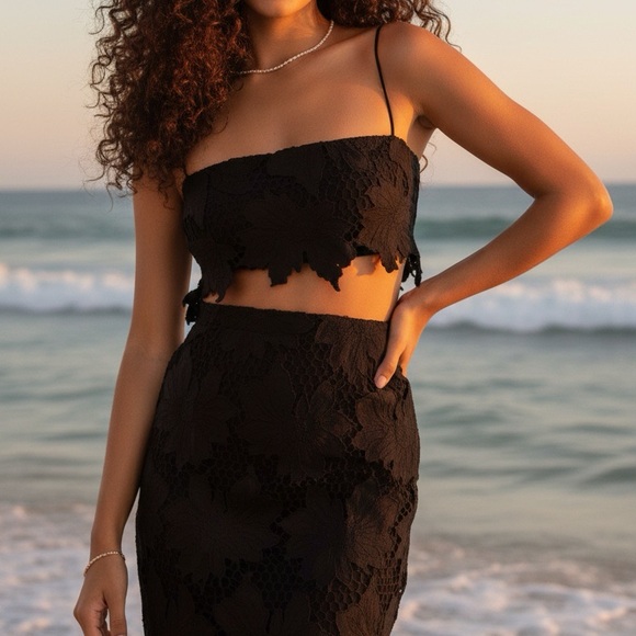 NWT Rumer Revolve Sexy Tropez Black Lace Beach Maxi Skirt Crop Top Size Small - Picture 6 of 10